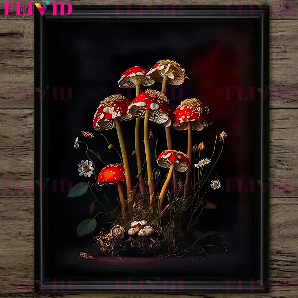 Dark Botanical Gothic Mushroom & Roses Canvas Wall Print
