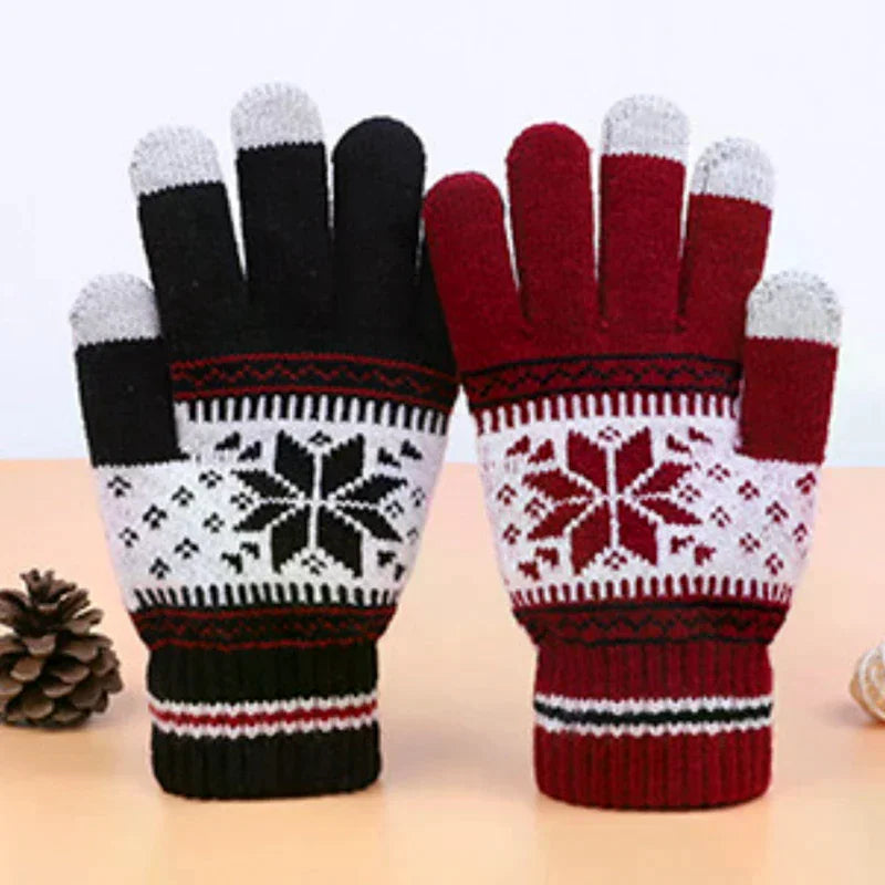 Winter Knitted Touchscreen Gloves – Snowflake Embroidery