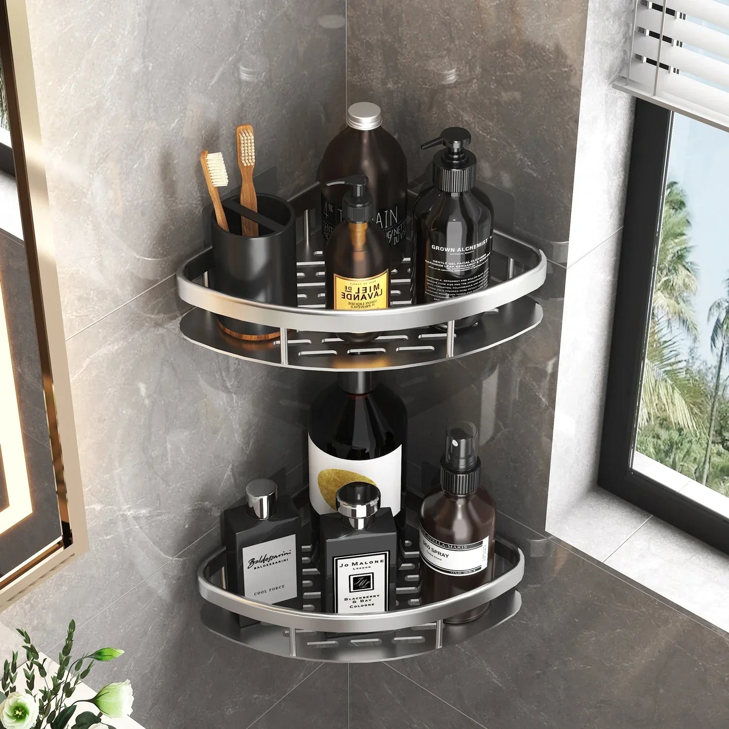 No-Drill Aluminum Shower Shelf – Corner Bathroom Organizer Rack
