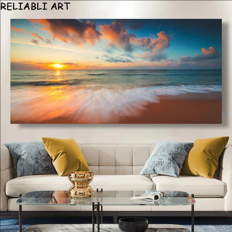 Modern Large Size Landscape Poster Wall Art Canvas Painting Sunset Beach Picture For Living Room Bedroom Home Decor No Frame Peaceful Pleasures Health and Wellness