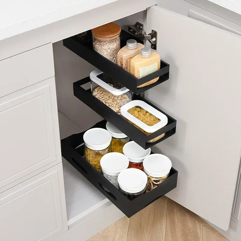 Pull-Out Cabinet Slide Shelf | No-Drill Carbon Steel Organizer