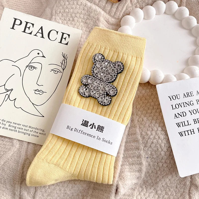 Diamond Cartoon Bear Decorative Socks, Fashionable Diamond Sparkling Women's Socks, Comfortable And Breathable Christmas Socks Peaceful Pleasures Health and Wellness YELLOW EU35-39