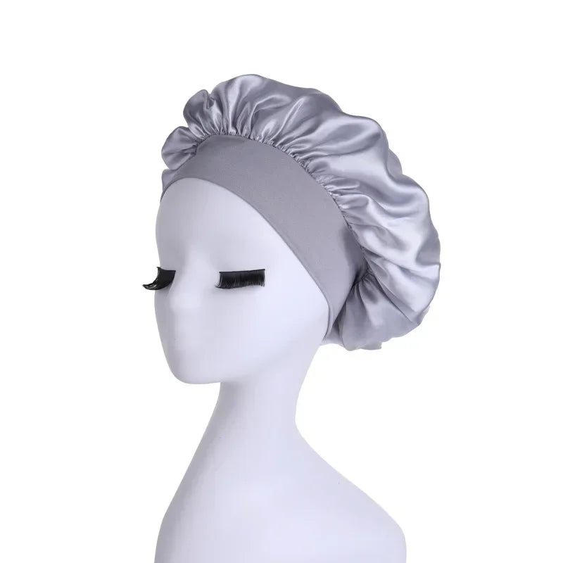 Women's Satin Solid Wide-brimmed Sleeping Hat Night Sleep Cap Hair Care Bonnet Nightcap for Women Men Unisex Cap Bonnet De Nuit Peaceful Pleasures Health and Wellness Grey