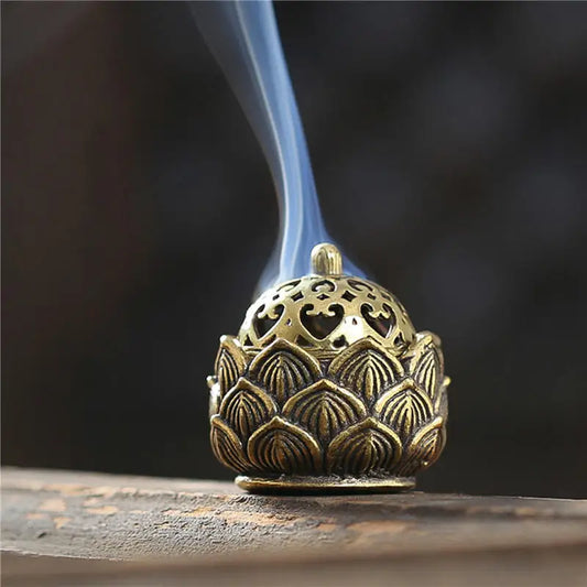 Retro Copper Small Lotus Hollow Out Incense Stick Burner Brass Incense Holder with Cover Home Decoration Sandalwood Censer Peaceful Pleasures Health and Wellness