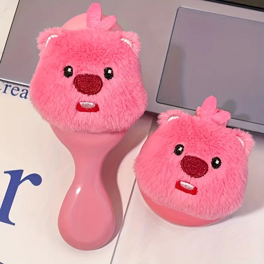 Plush Pink Bear Mini Hair Brush & Mirror Set | Travel Ready Mini Hair Brush Set Oasis Select