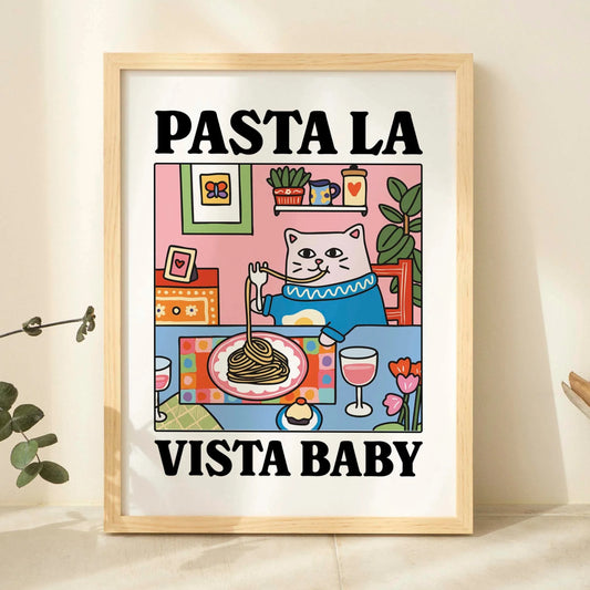 Pasta La Vista Baby Cartoon Cat Wall Art Prints Canvas Painting Poster Picture For Living Children Room Home Decor Gift Peaceful Pleasures Health and Wellness G3105 50x70cm Black Frame