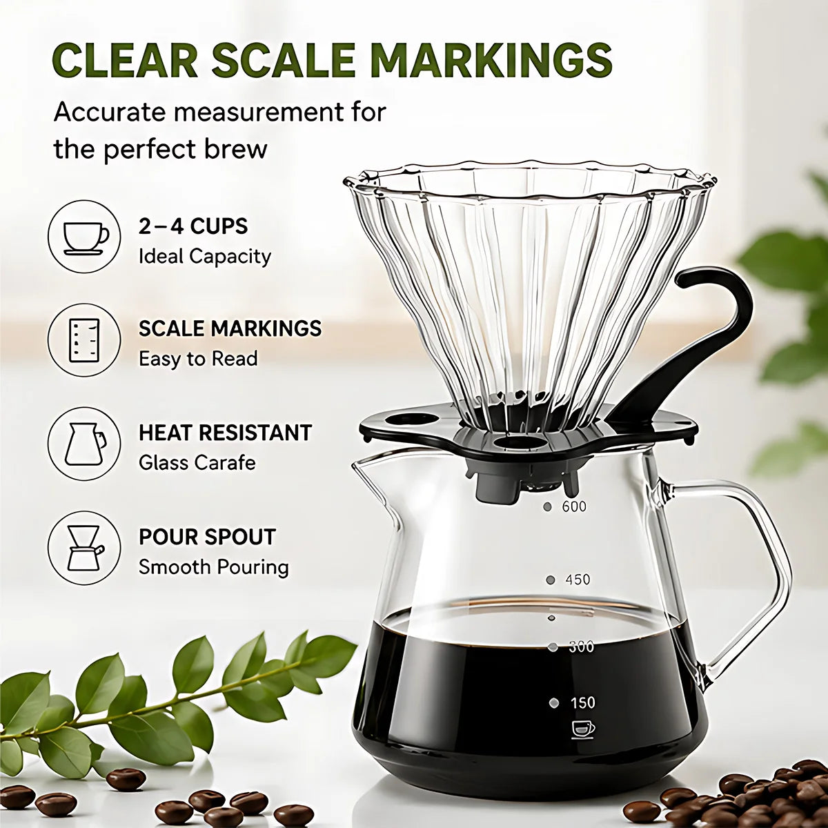 Pour Over Coffee Maker, 20OZ /600ML Glass Carafe Coffee Server with Glass Coffee Dripper, Drip Coffee Maker Set, 1-5 Cups Peaceful Pleasures Health and Wellness