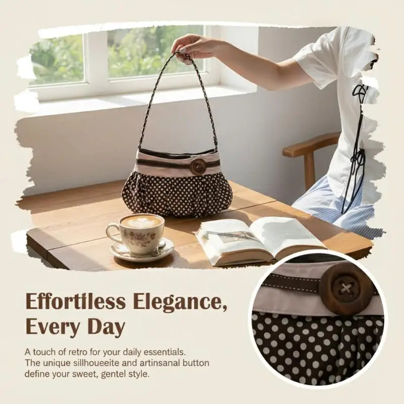 Retro Polka Dot Pleated Cloud Shoulder Bag | Wooden Button