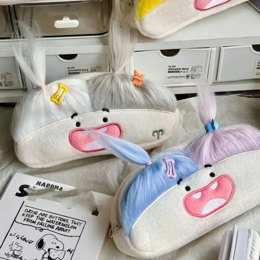 DIY Fluffy Hair Afro-Hair Doll Pen Bag Large Capacity Kawaii Pencil Case Holder Funny Zipper Soft Pen Bag Gift Peaceful Pleasures Health and Wellness