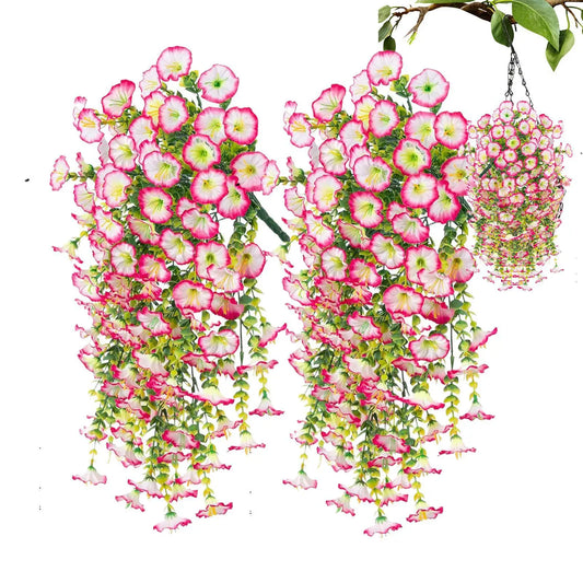2Pcs Hanging Artificial Petunia Flowers 75CM | Indoor & Outdoor Decor Artificial Hanging Flowers Peaceful Pleasures Health and Wellness Purple and Red