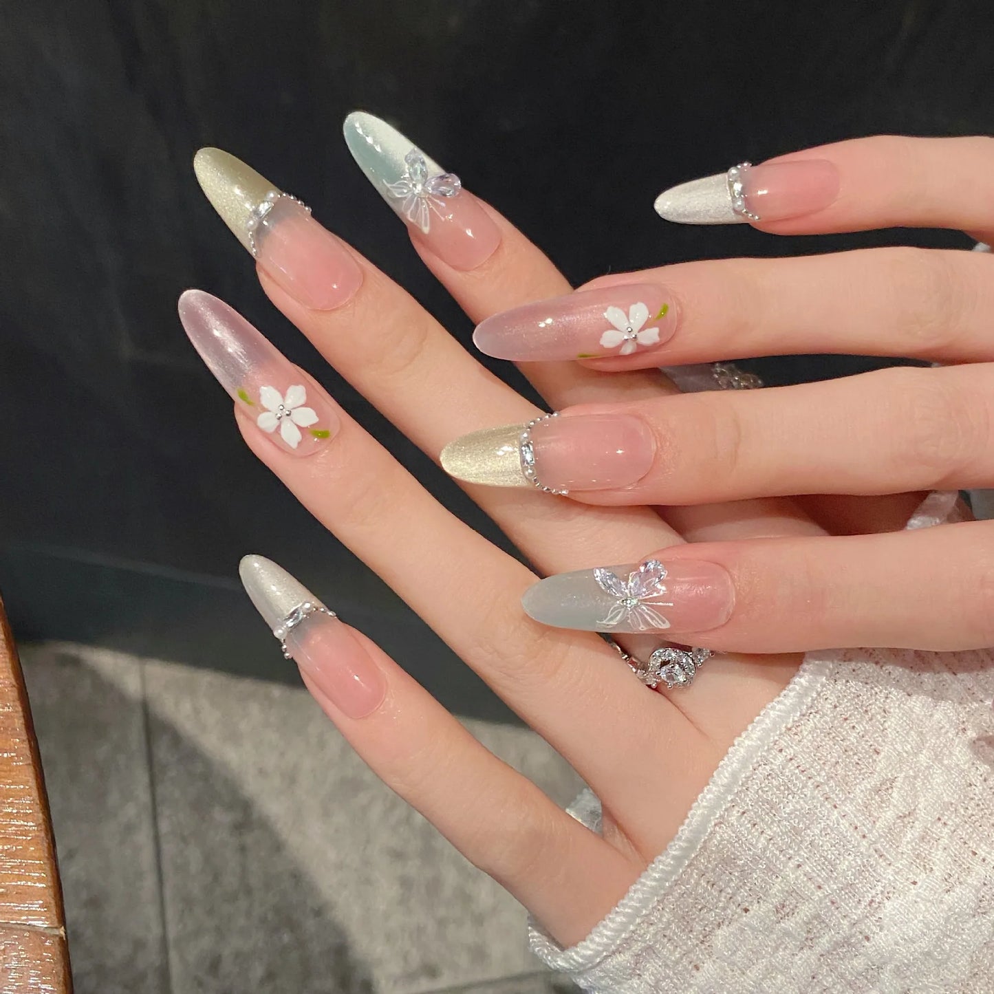Press On Nails Pink Green Cat Eye Butterfly | Korean French Style