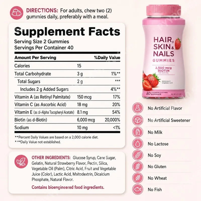 Hair Skin & Nails Gummies | Biotin 2500mcg Vitamins A C E – 80ct
