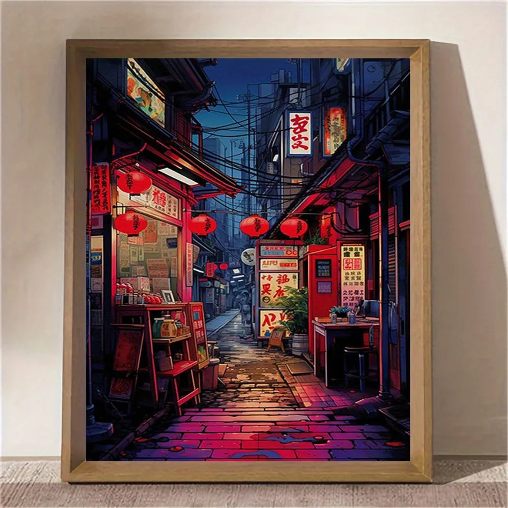 1 Frameless Japanese Style Night View Poster of Urban Alleys, Tokyo Street Art Prints, Perfect Creative Canvas Wall Art Painting Peaceful Pleasures Health and Wellness