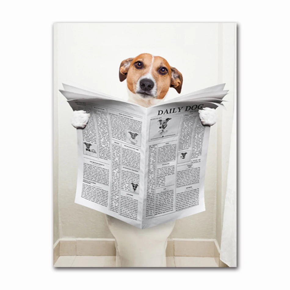 Funny Animal Dog Read Newspaper Oil Painting on Canvas Wall Art Poster Prints Wall Art Picture for Bathroom Toilet Decoration Peaceful Pleasures Health and Wellness T60523-03 50x70cm Unframed