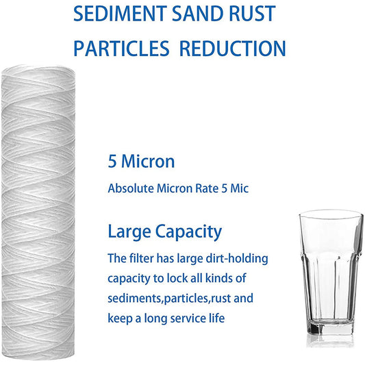 A36T-12Pcs 5 Micrometre String Wound Water Filter Universal Whole House Replacement Cartridge Sediment Filters 10Inch Peaceful Pleasures Health and Wellness White