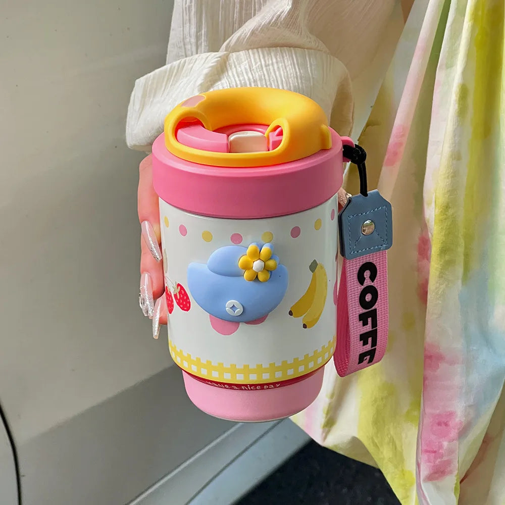 Ceramic Lined Insulated Cup Mini Double Coffee Cups 316 Stainless Steel Student Cups Practical Health Cups Cute Large Capacity Peaceful Pleasures Health and Wellness Pink and White