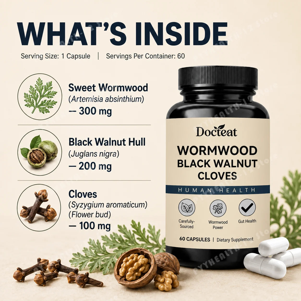 Wormwood Black Walnut Cloves Capsules 60ct – Herbal Digestive Herbal Supplement Capsules Peaceful Pleasures Health and Wellness