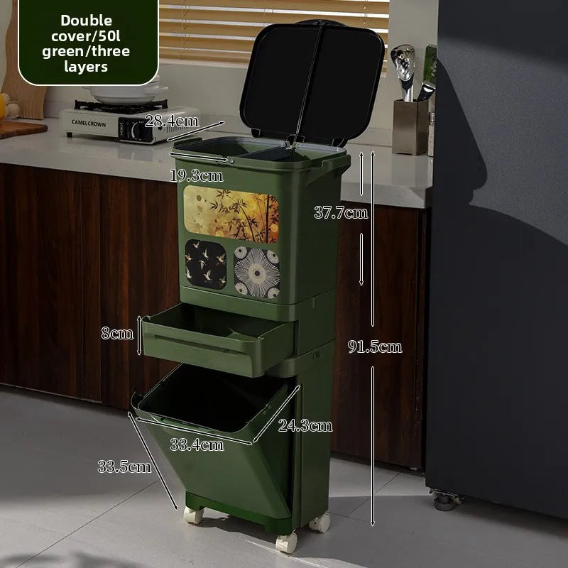 Vintage-Style Kitchen Trash Bin - Large Capacity, No Bending, Double Layer Wet/Dry Separation, Home Essential Peaceful Pleasures Health and Wellness Double 50L Green