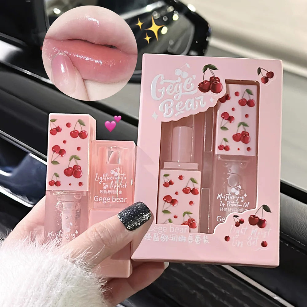 Cherry Hydrating Lip Balm and Lip Oils Set Gege Bear Light Moisturizing Soothing Nourishing and Tender Lips Care For Winter Use Peaceful Pleasures Health and Wellness Two piece set