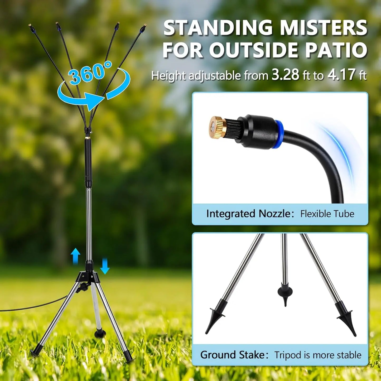 Standing Misters for Outside Patio with Filter - Adjustable Height 3.2-4.1FT Misting System Line 26.5FT Portable Water Misters Peaceful Pleasures Health and Wellness
