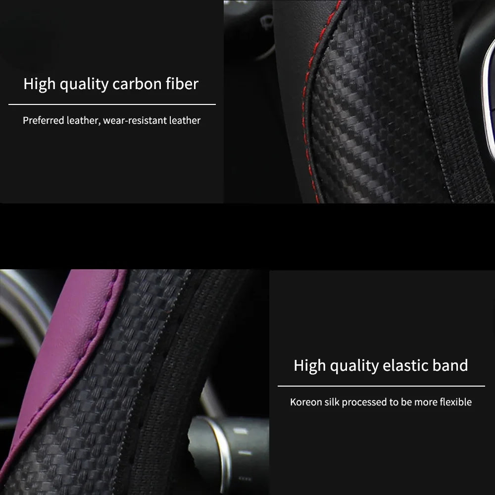 37-38cm Carbon Fiber PU Leather Steering Wheel Cover Anti-Slip