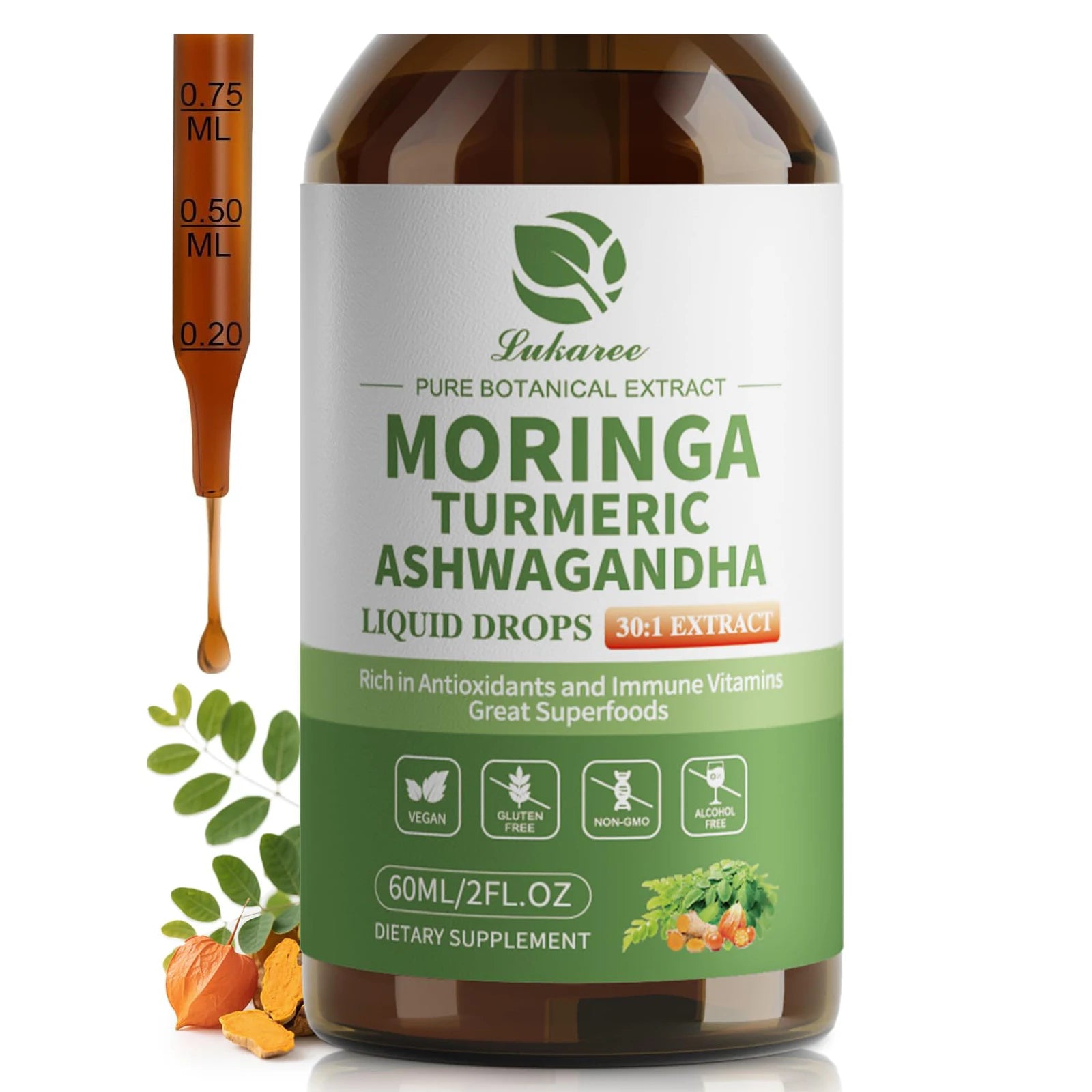 Bottle of Moringa Turmeric Ashwagandha liquid drops with dropper on a white background