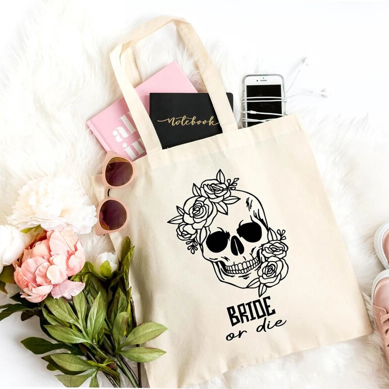 Bride or Die Death Do Us Party Black White Tote Bag Halloween Bachelorette Party Decoration Gift Wedding Bridesmaid Bride Gifts Peaceful Pleasures Health and Wellness white 34x42cm