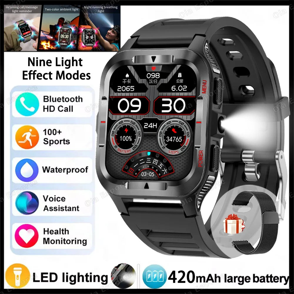 Ola Esporte Military Smart Watch 1.83" AMOLED LED Flashlight