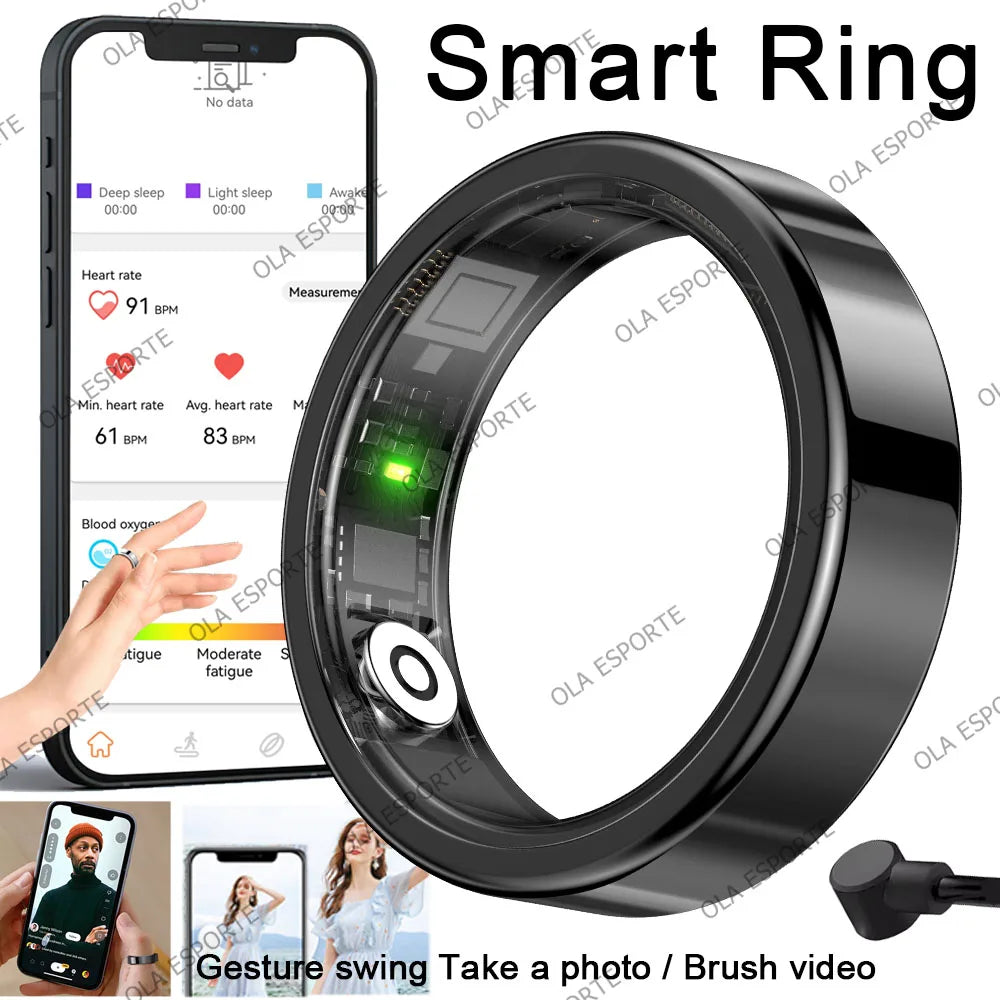 2026 New Smart Ring Heart Rate Blood Pressure Sleep Monitoring Motion Tracking IP68 Waterproof Men Women Smart Ring Holiday Gift Peaceful Pleasures Health and Wellness Black 9