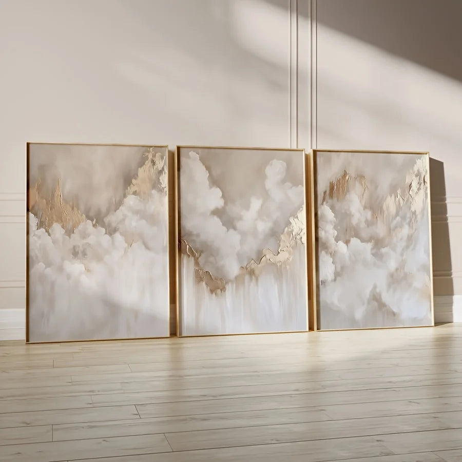 3pcs Beige Art Triptych Prints, Golden Cloud Abstract Modern Wall Art, Unframe Soft Tone Artwork, Romantic Art Poster Room Decor Peaceful Pleasures Health and Wellness 50x70cm No Frame ZLH11325-3pcs