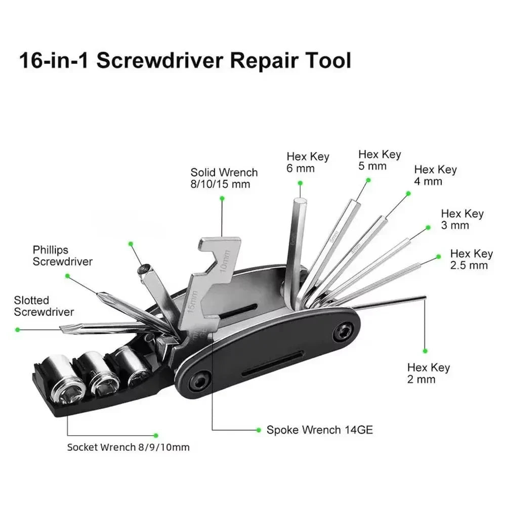 16-in-1 Bicycle Repair Tool Kit – Hex Wrench, Screwdriver & More