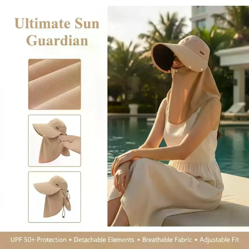 Women's UV Wide Brim Visor Shawl Cap | Beach & Outdoor Sun Hat