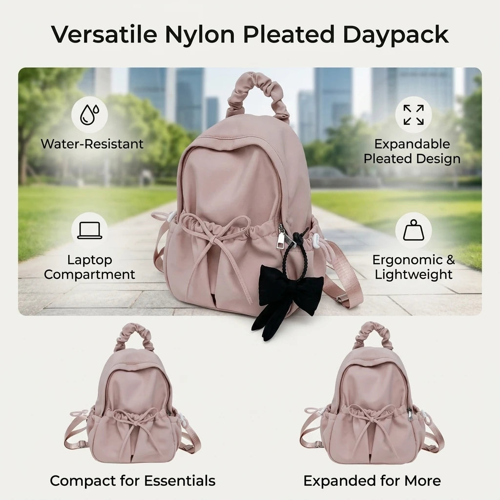 Nylon Pleated Backpack Large Capacity Waterproof Casual Daypack For Travel School Peaceful Pleasures Health and Wellness