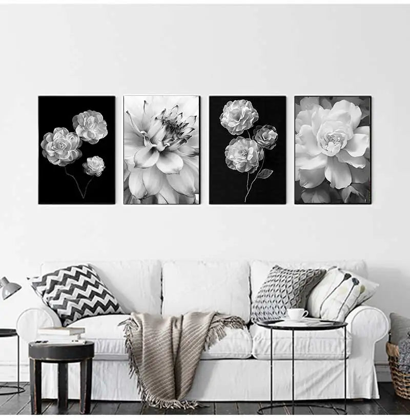 Black & White Floral Canvas Wall Art | Nordic Abstract Poster