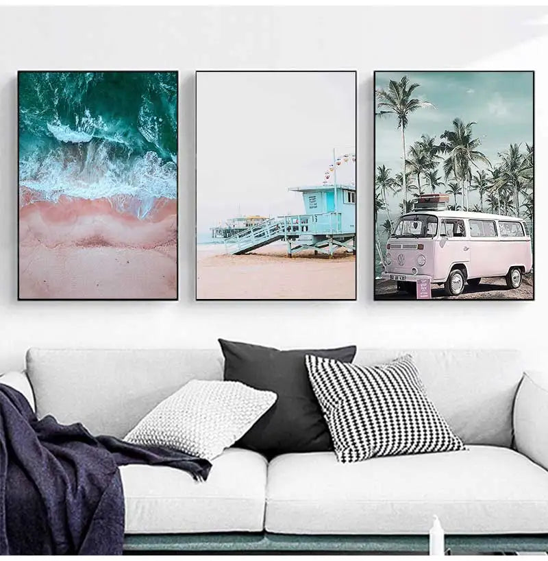 Scandinavian Ocean Beach Pink Bus Canvas Wall Art | Nordic Print