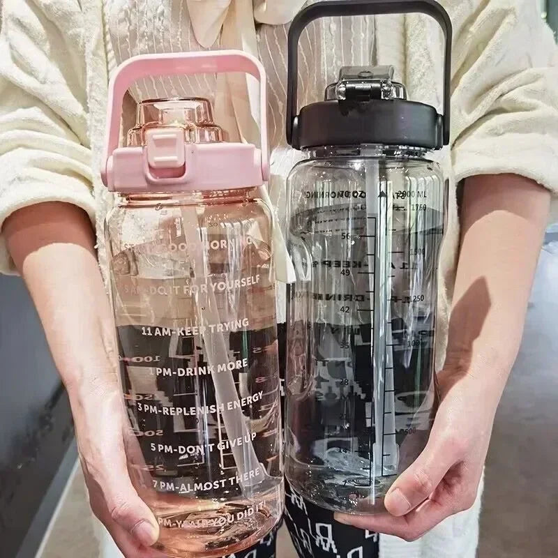 2L Water Bottle with Straw & Time Marker | BPA-Free Sport Jug