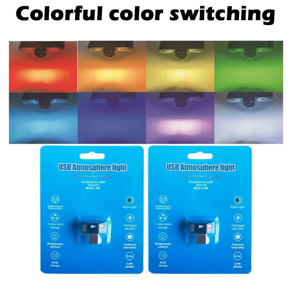RGB USB-C Car Ambient Light – 8 Colors, Auto Sensor & Memory