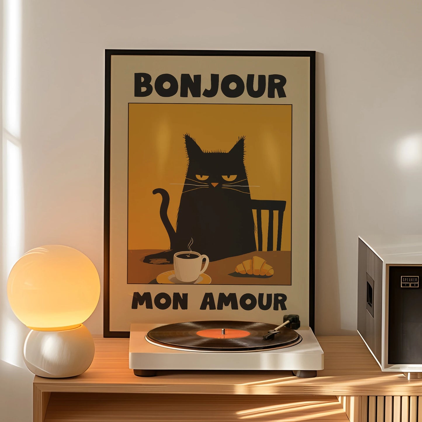Black Cat Breakfast Vintage Canvas Wall Art | Warm Tones Print