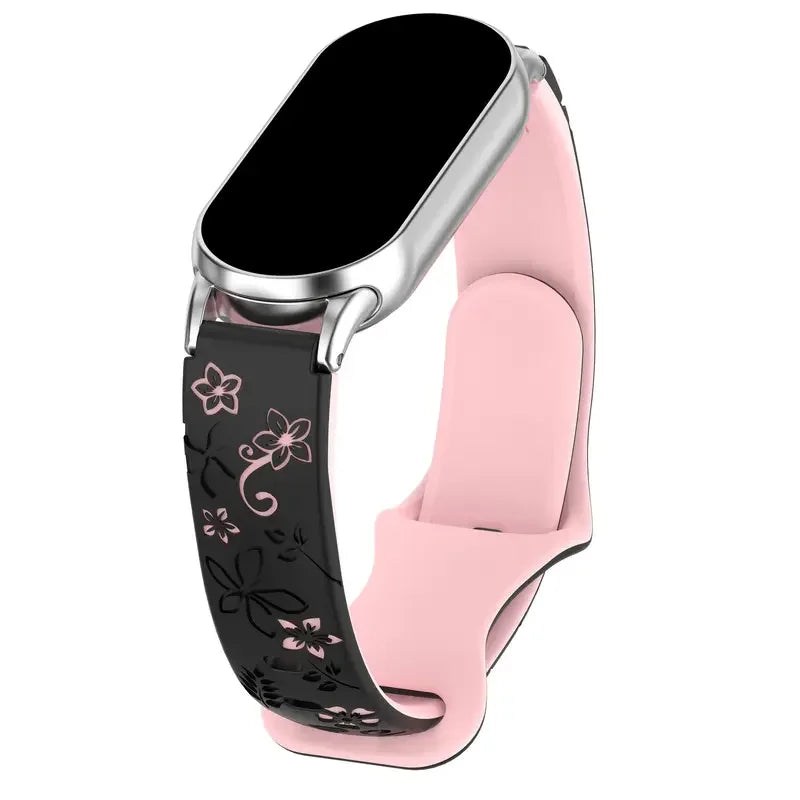 3D Flower Silicone Band for Xiaomi Mi Band 8 & 9 NFC Peaceful Pleasures Health and Wellness Black Pink For Mi band 8 9