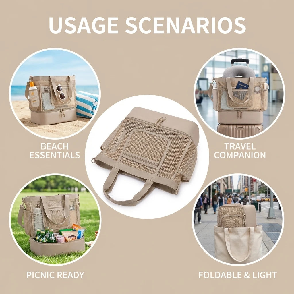 Women's Multi Pocket Beach-Bag With Anti Sand Design Foldable Lightweight Zipper For Travel Peaceful Pleasures Health and Wellness