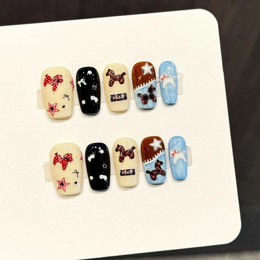 Y2K Glitter Stars & Bow Press On Nails | Korean Ballet Style 10pc Press On Nails Peaceful Pleasures Health and Wellness L 1