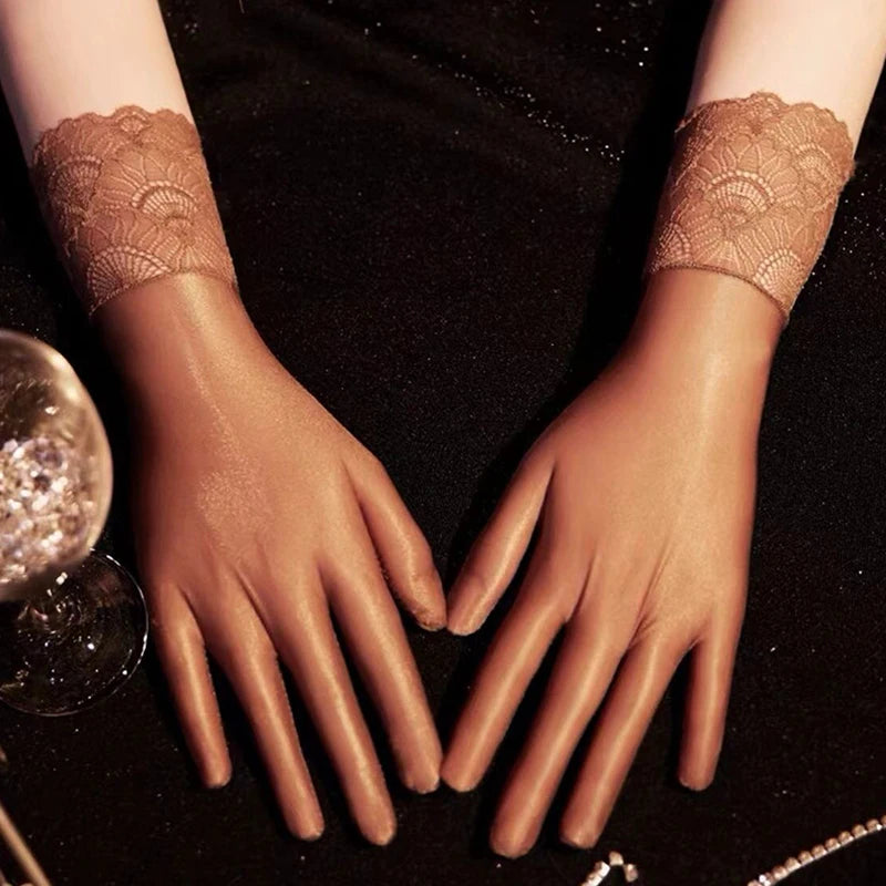 NEW Women Oil Glossy Tight Stocking Gloves Sexy High Elastic Transparent Ultra-Thin Clubwear Short Wrist Gloves Peaceful Pleasures Health and Wellness coffee lace trim