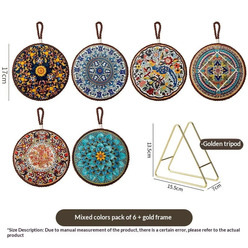 Vintage Heat Resistant Trivet Mat for Hot Pot Cast Cookware Enameled Dutch Oven Ceramic Dinnerware Tabletop Placemat Non-Slip Peaceful Pleasures Health and Wellness H Diameter 17cm