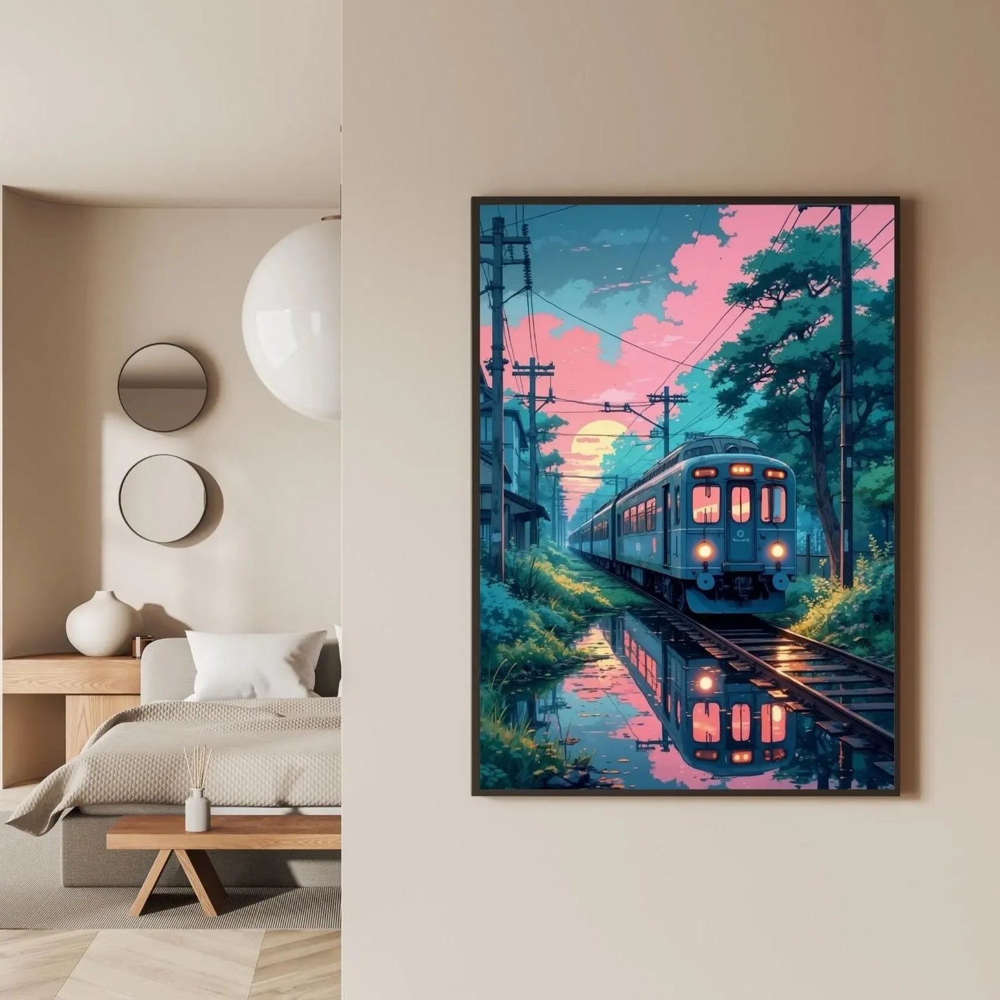 Retro Japanese Railway Landscape Canvas Print Tokyo Rainy Night Street Wall Art Poster for Modern Living Room Bedroom Home Decor Peaceful Pleasures Health and Wellness