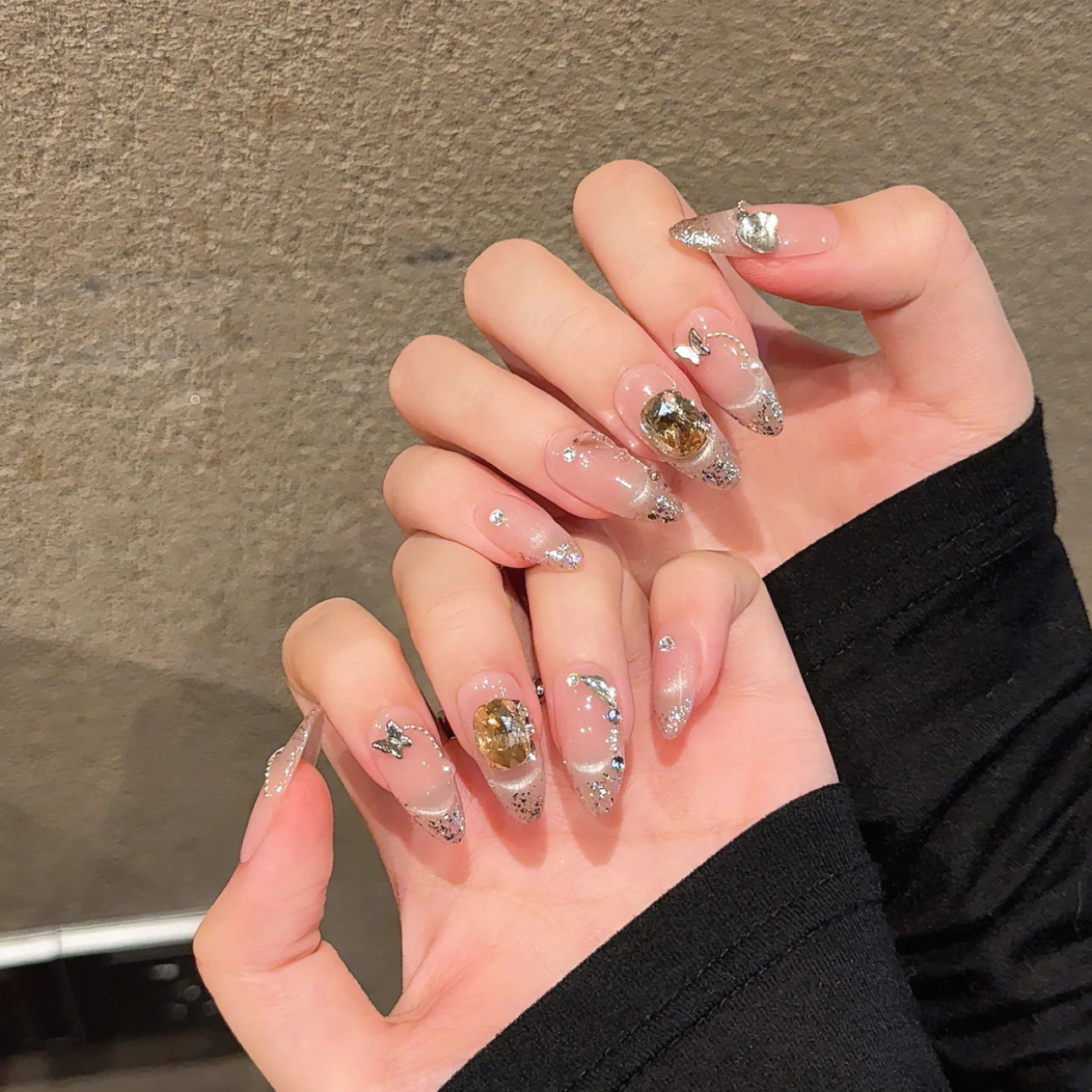 Mermaid Cat Eye Press-On Nails | Almond Rhinestone False Tips