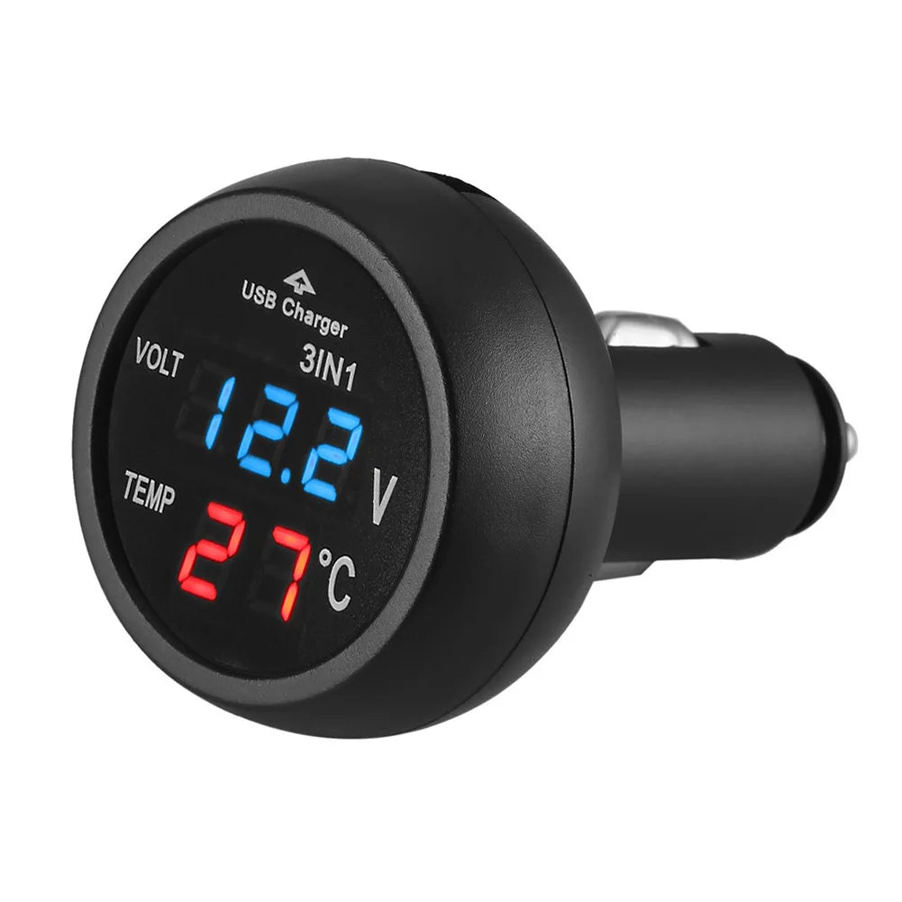 3 in 1 12V/24V Digital LED Car Cigarette Lighter Voltmeter Thermometer Car Truck USB Charger Voltage Current Temperature Meter Peaceful Pleasures Health and Wellness Blue United States