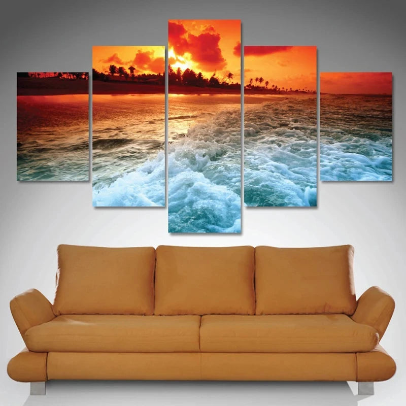 5pcs Cleopatra Ocean Canvas Painting Wall Art Orange Sky Ocean Beach Multi Turkey Sand Beach Sunrise Wall Decor No Frame Peaceful Pleasures Health and Wellness