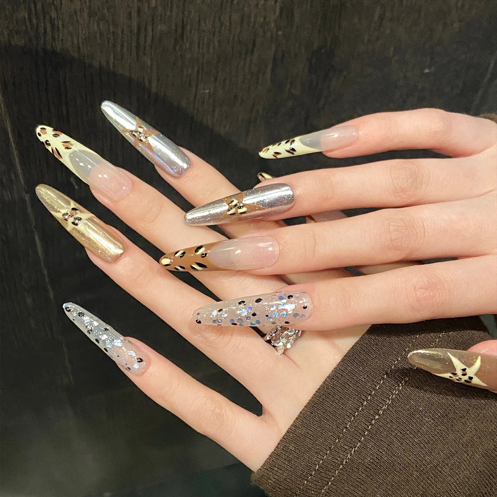 10pcs Handmade Ins Style Press on Nails Gold Stars Decor Y2K Fake Nail Almond Tips Wearable 3D French Leopard False Nails Long Peaceful Pleasures Health and Wellness