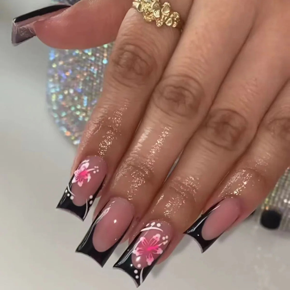 24pcs French Pink Flower Short Coffin Press On Nails | Nude Pink