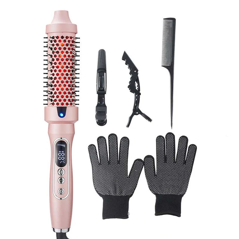 Fast Heating Fluffy Styling Comb Digital Screen Straightening Curling Ionic Hair Curling Wand Brush Infrared Hair Styling Set Peaceful Pleasures Health and Wellness Pink EU